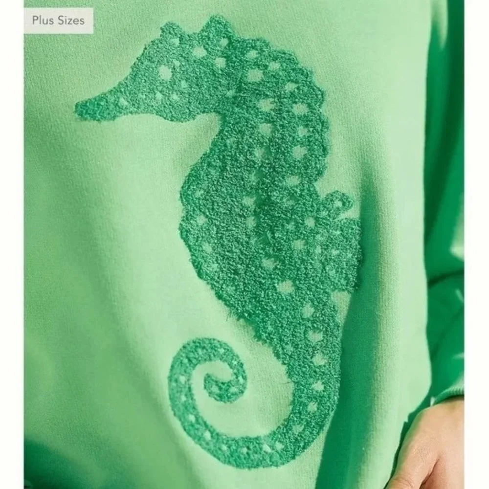 Anthropologie Maeve Seahorse Sweater Tufted Green Pullover Sweatshirt Sz XL New - Picture 2 of 8